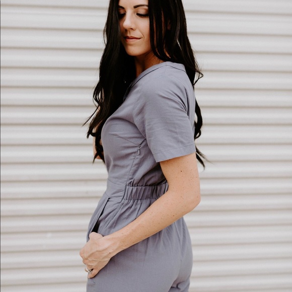 Short Sleeve Button Down Jumpsuit -Dusty Lavender - Picture 8 of 8